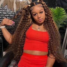13x6 Hd Lace Wig Highlight Wig Human Hair blonde Lace Front Wig Deep Wave Frontal Wig 13x4 Brazilian Curly wigs For Women (Hair Color: 13x4 hd lace, Stretched Length, Density: 28inches, 180%)